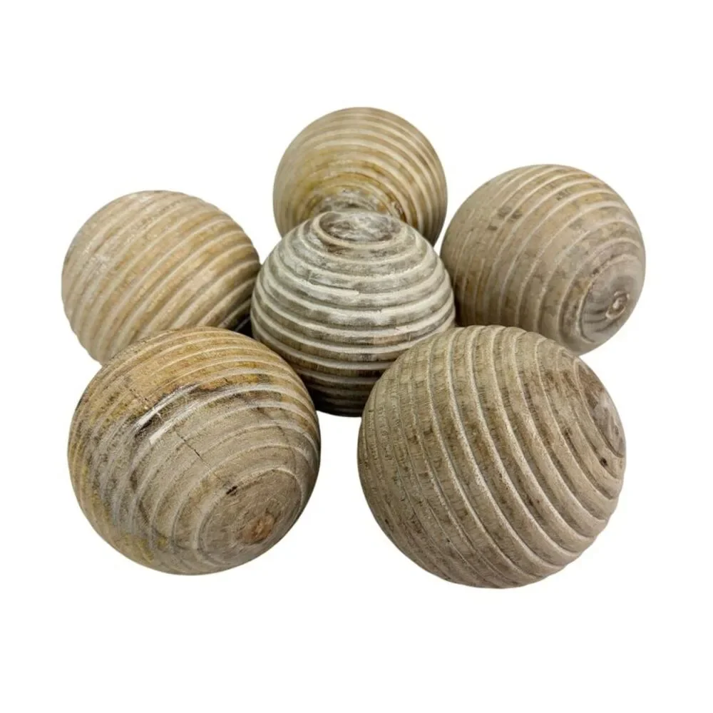 Set of 6 Ribbed Wooden Decorative Orbs Natural 4 Inch Striped Bowl Fillers